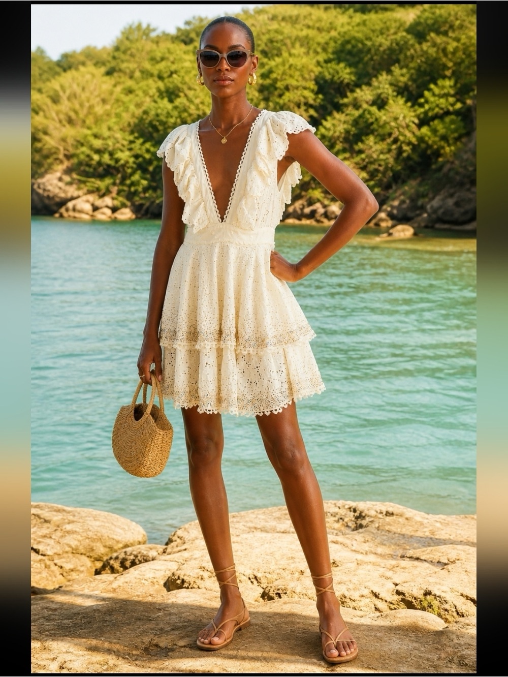 FARM Rio Ivory Eyelet Ruffle Tiered Dress